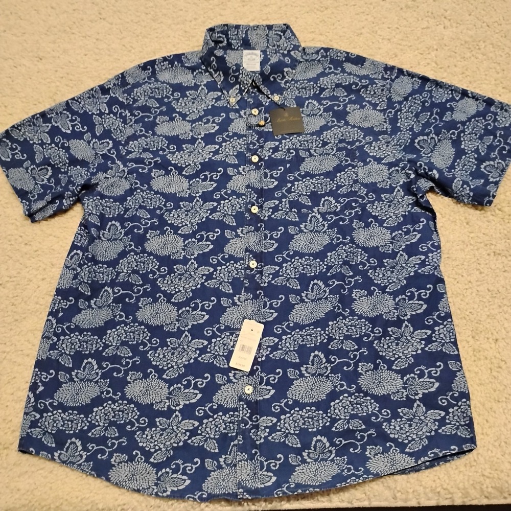 Brooks Brothers Shirt Mens XL Short Sleeve Button Indigo Blue Beach Floral 1818